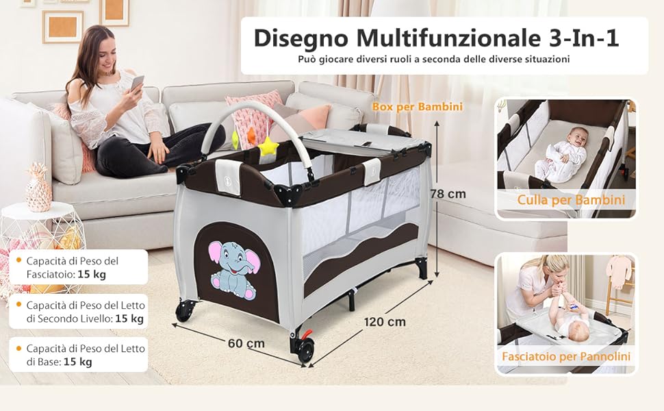DREAMADE 3 In 1 Lettino Da Campeggio Per Bambini, Letto Pieghevole Con Fasciatoio E Giocattolo Appeso, Meterasso Imbottito, Culla Co-Sleeping Per Bambini 0-36 Mesi, 125 X 66 X 77 Cm (Brown) 12 05