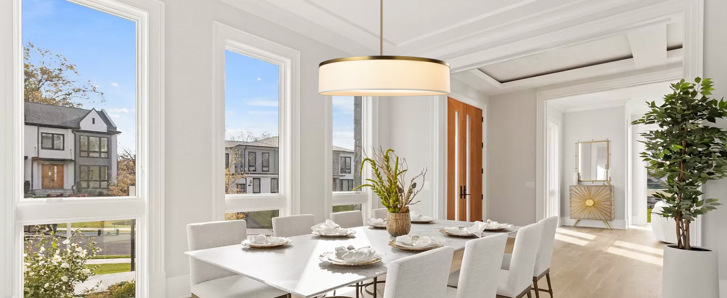 Drum Fabric Pendant Light Large Modern Hanging Ceiling Chandelier Fixture with Linen Fabric Shade