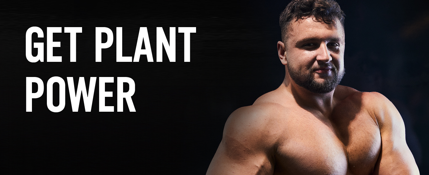 Sportliches Werbebild mit fettem Text 'GET PLANT POWER' auf dunklem Hintergrund