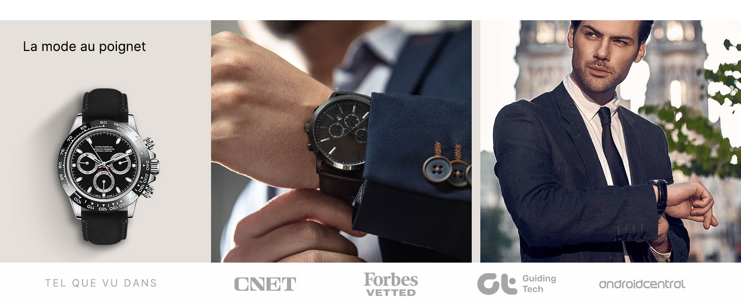 Composite de montres pour hommes : chronographe argenté avec bracelet en cuir noir, élégante montre noire au poignet et homme en costume vérifiant l'heure sur une montre-bracelet