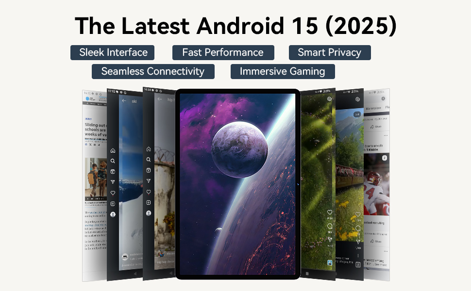 Text reads 'The Latest Android 15 (2025)'. Collection of smartphone screens showing various Android interface designs and wallpapers arranged in a fanned layout.