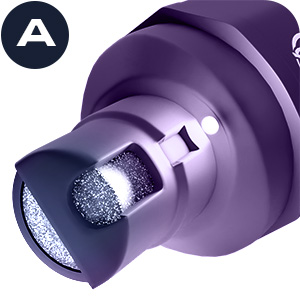 Purple cylindrical device with a lens-like front, possibly a camera or light. Metallic ring around lens, textured surface visible inside.