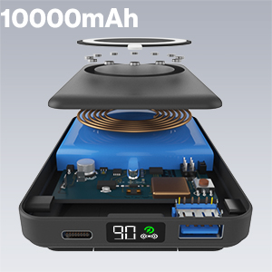 Text reads '10000mAh'. Wireless charging power bank shown from multiple angles, featuring digital display and blue/black color scheme.