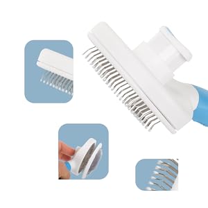 Cat and Dog Brush - Ergonomic and Lightweight Self-Cleaning Accessory for Cats and Dogs, Dog Brush, Cat Brush, Suitable for Long Hair and Short Animal Hair, Ideal for the 13 con mango de plástico blanco y empuñadura azul. Cuenta con dientes de peine metálicos y un botón, para facilitar la depilación. Varias vistas muestran detalles del cabezal del cepillo.