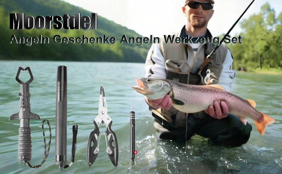 Angelwerkzeug-Set mit Zange, Metallstange und Hakenentferner. Der Hintergrund zeigt einen Angler im Wasser mit einer großen Forelle oder einem Lachs