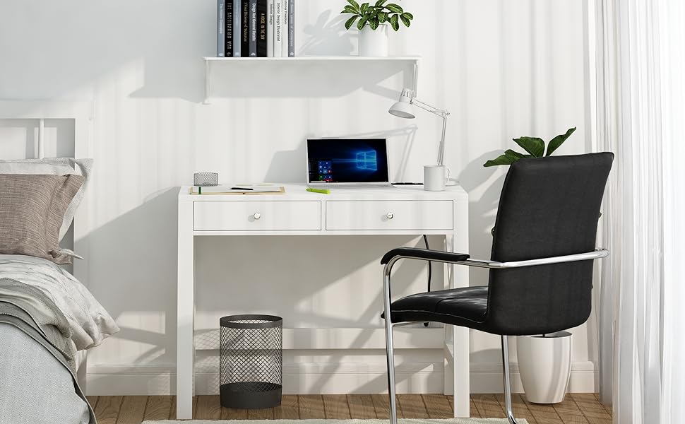 White Computer Desk with USB Charging Port and Power Outlet