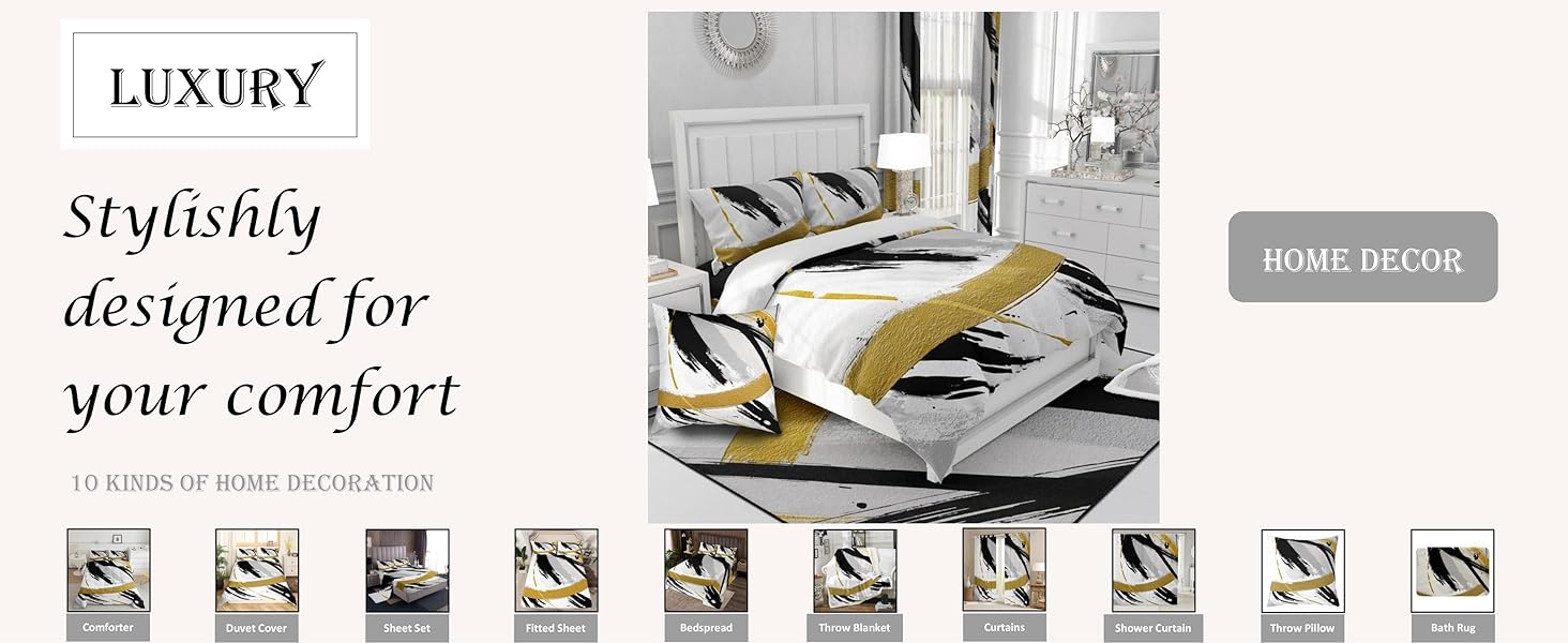 Erosebridal Black Grey Gold Comforter Full Brush Strokes Oil Painting Bedding Set, Gradient Abstract