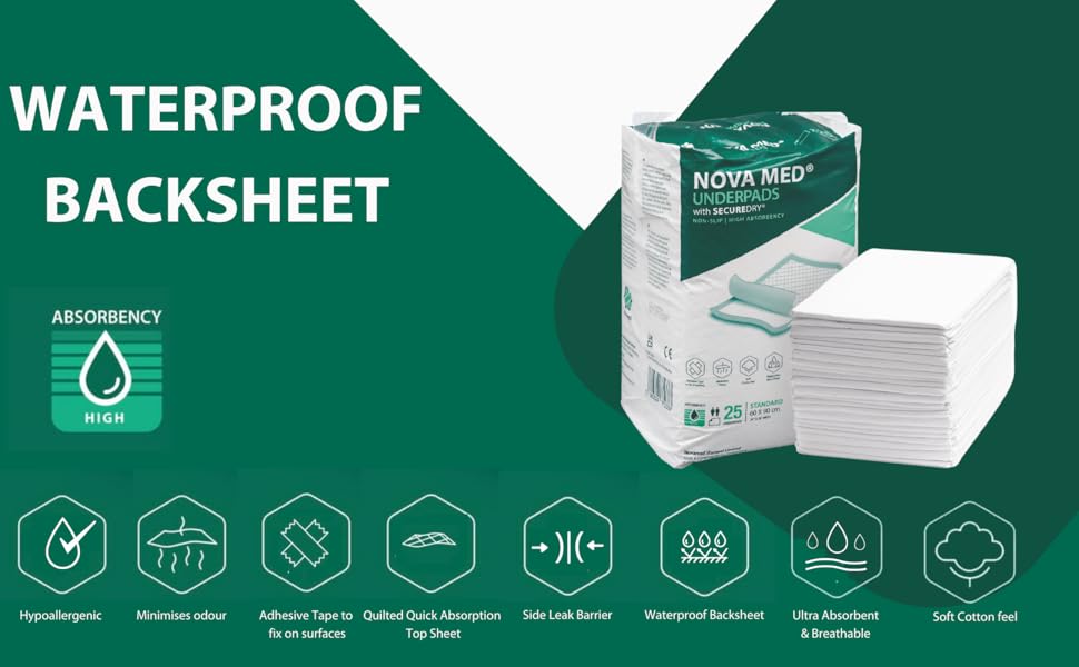 Novamed Incontinence Bed Pads with Self Adhesive Tape 60 x 90cm