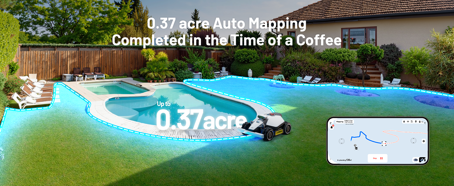 Aerial view of backyard swimming pool with overlay showing '0.37 acre Auto Mapping' text and mapping interface demonstration.