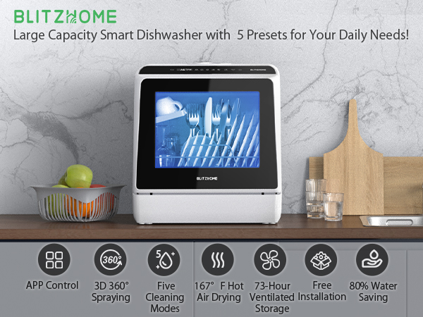BLITZHOME Large Capacity Smart Dishwasher with 5 Presets for Your Daily Needs!