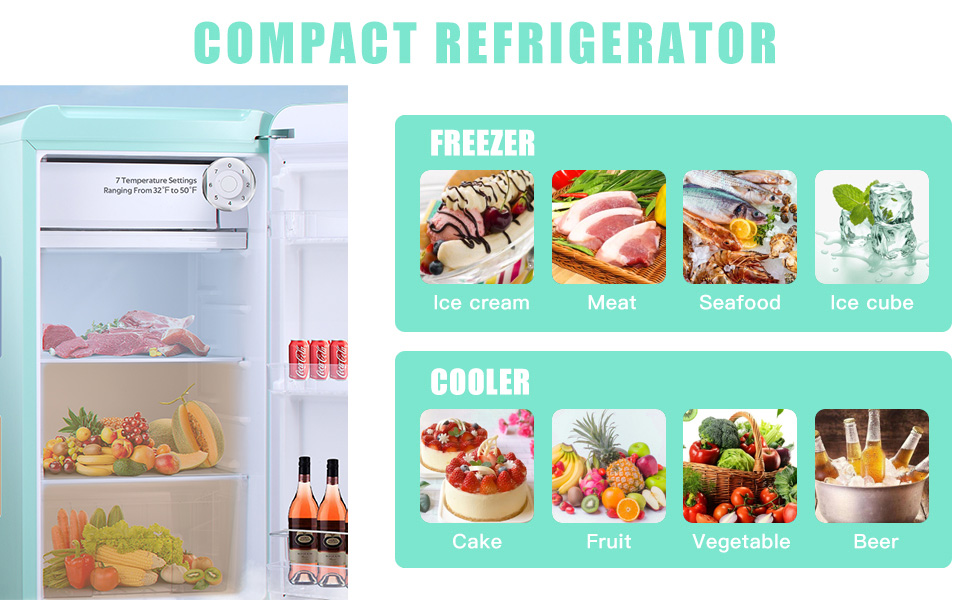 LHRIVER Mini Fridge with Freezer, 3.2 cu. ft. Vintage Refrigerator with Adjustable