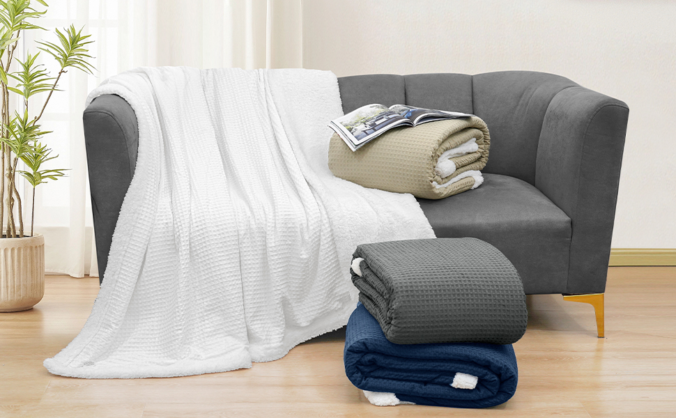 PHF Waffle Sherpa Blanket Twin Size, Luxury Warm Plush