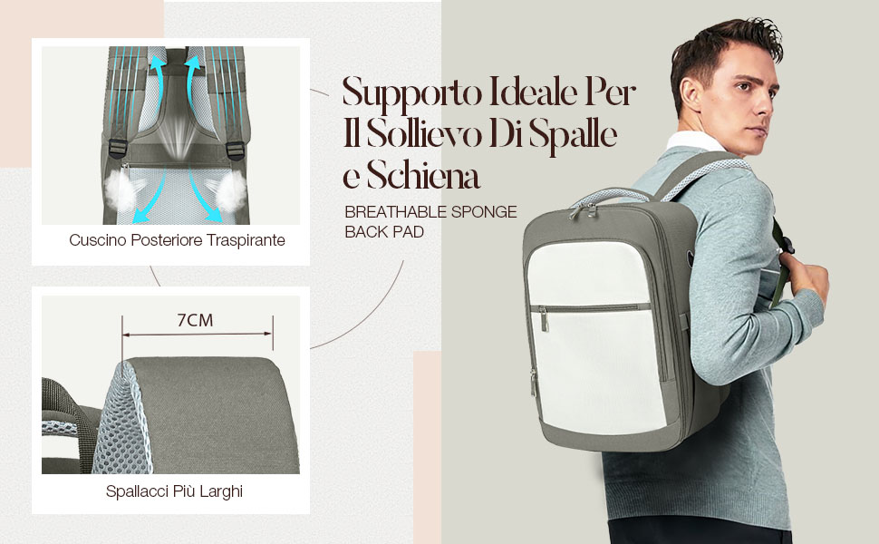 au design ergonomique pour le soutien du dos. Les caractéristiques comprennent un coussin de posture rembourré de 7 cm et un panneau dorsal respirant. L'image montre le produit porté par un mannequin.