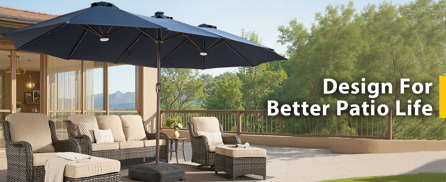 Outdoor patio umbrella with solar lights navy dark blue