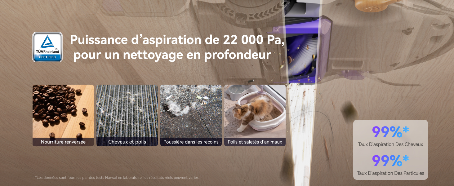 Le texte indique « 99 % ». Série d'images de démonstration de produits montrant du papier ligné avec écriture et ce qui semble être un processus d'effacement ou de marquage.