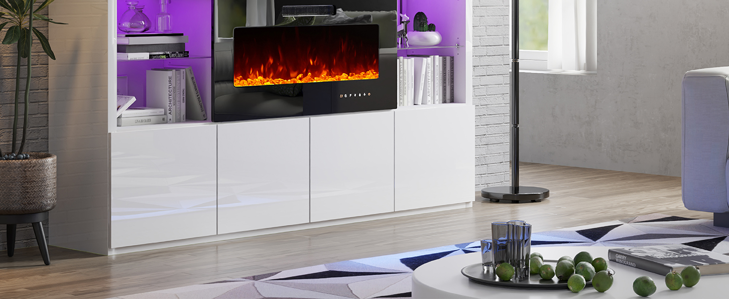 white entertainment center with fireplace