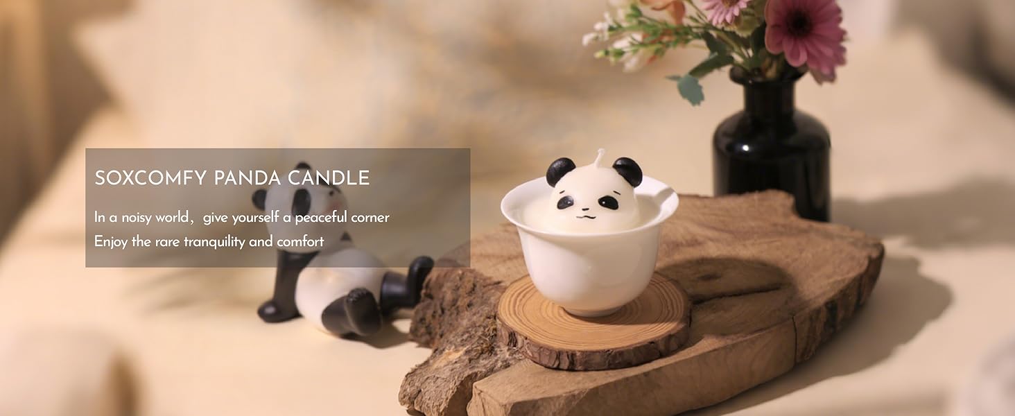Soy candle,Ceramic teacup jar, Reusable container, Smokeless, Panda lid, Home decor, Botanical scent
