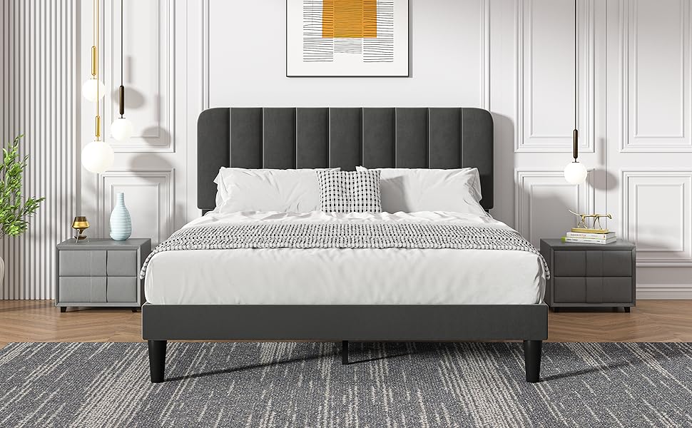 VECELO Double Size Bed Frame, 4ft6 Upholstered Velvet Platform with