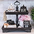 black rustic farmhouse coffee bar counter display with faux florals and bead garland welcome sign