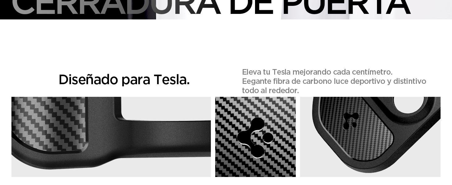 para Tesla, que muestra una superficie texturizada y un diseño elegante. Varios paneles muestran detalles detallados de la construcción y el acabado del producto
