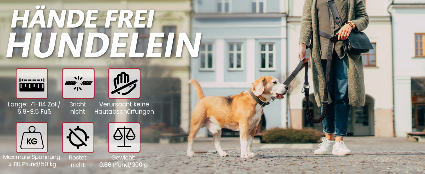 Produktwerbung für freihändige Hundeleine mit den wichtigsten Merkmalen und Symbolen, demonstriert mit einem Hund und einem Spaziergänger in einer städtischen Umgebung im Freien