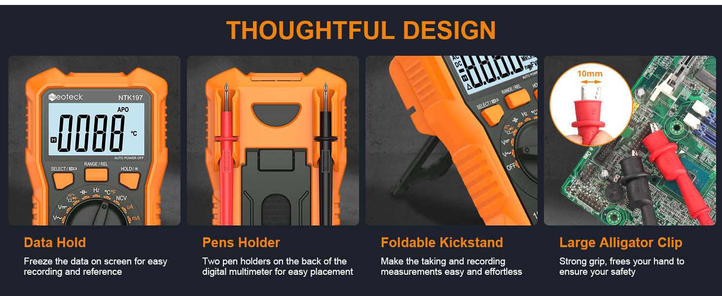 Composite image of four orange and black electronic devices: digital multimeter, pen meter, foldable Kickstand, and large alligator clip. Text 'THOUGHTFUL DESIGN' above.