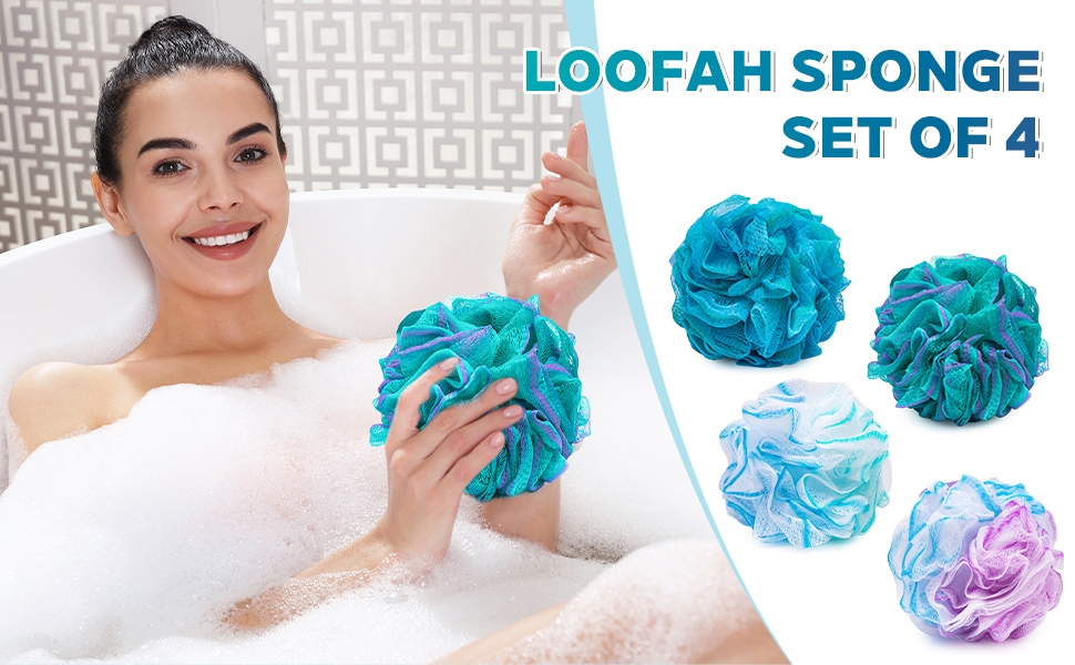 Loofah for Women Men, Shower Loofah 4 Pack,Exfoliating Bath Sponge Body Scrubber, Flower Color Loofa
