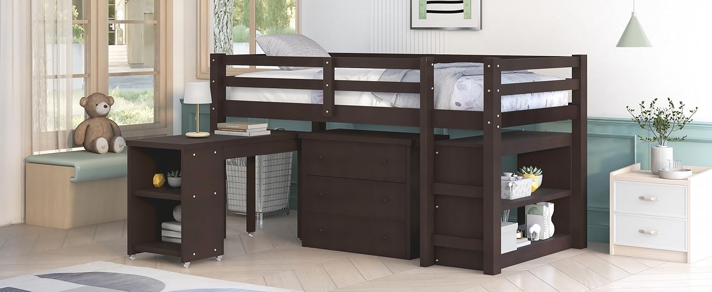 Harper & Bright Designs Low Loft Bed with Desk underneath