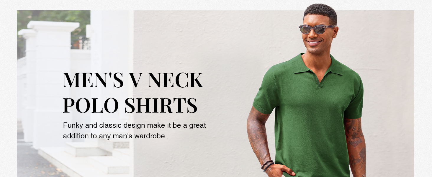 Men's V Neck Polo Shirts Short Sleeve Muscle Gym Knitted Golf Shirts Casual Slim Fit Tops