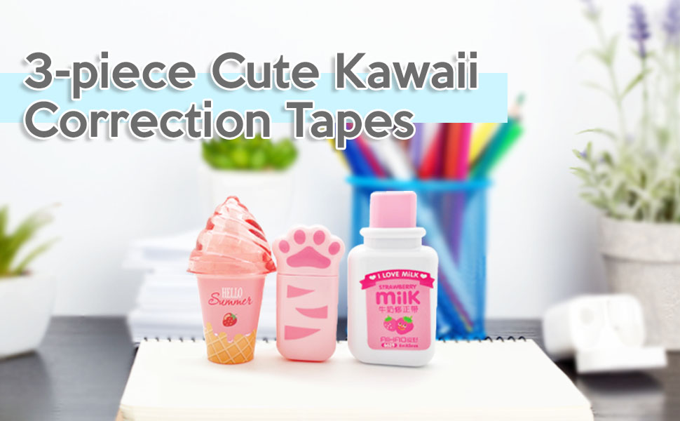 3 Pieces Kawaii Cute White Out Correction Tape, Quick