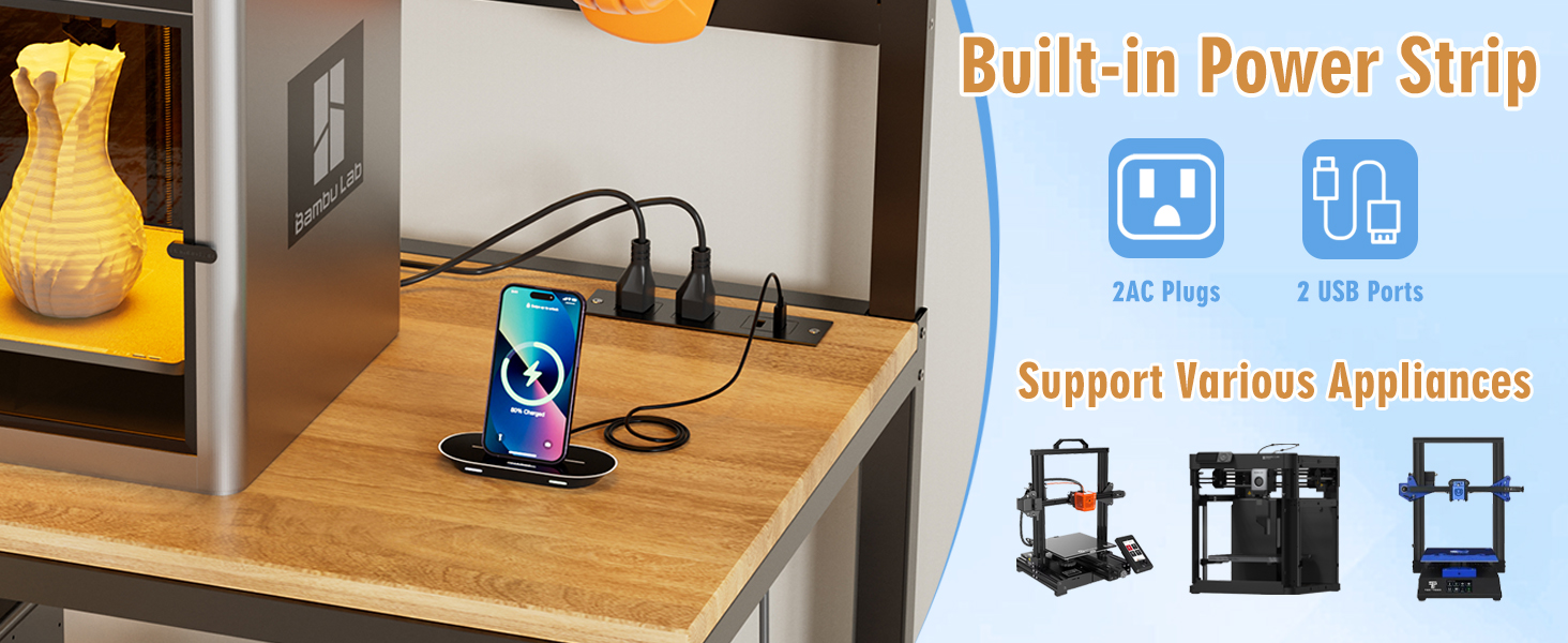 PAKASEPT 3D Printer Stand with Filament Storage Workbench,3D Printer Table with Charging Station & LED Lights,Heavy Duty Rolling Printer Desk with Pegboard for Workshop/Office/Garage, Black 14 3D Printer Desk with Charging Station