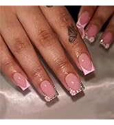 IMRAIN Press on Nails Short Square Fake Nails Pink French Tips Acrylic False Nails Full Cover Glo...