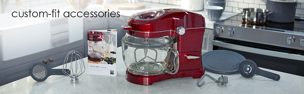 Kenmore Elite Ovation tilt-head stand mixer with included accessories arranged around it