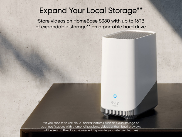 White cylindrical external hard drive on dark surface. Text indicates expandable storage capacity up to 36TB for local data storage.