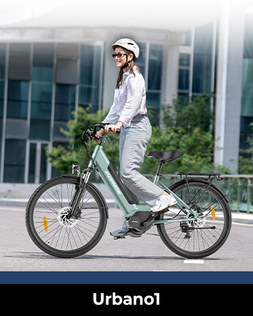 Der Text lautet 'Urbano1'. Mehrere Ansichten eines modernen Elektro- oder Hybridfahrrads im Freien mit unterschiedlichen Blickwinkeln und Merkmalen.