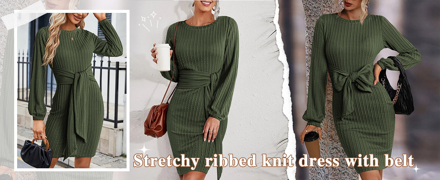 ribbed bodycon dress round neck Knit dress tie front dress casual dress with long sleeves fall dress