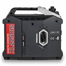Portable inverter generator with black and silver casing. Model XL2250IS visible on red label. Features carrying handle and control panel with knobs and outlets.