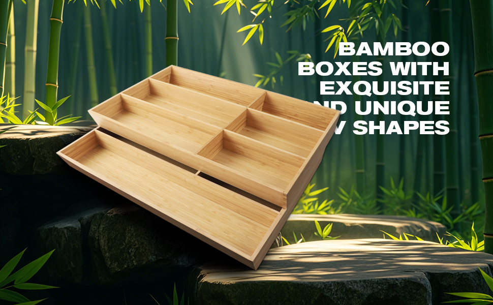 V-Shaped Bamboo Drawer Organizer Set of 2 Kitchen Large and Long Utensil