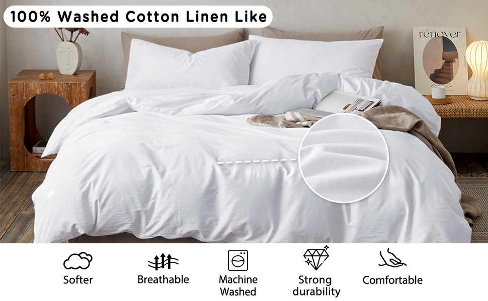 Duvet Cover Set Queen Size, 100 Washed Cotton Like Linen