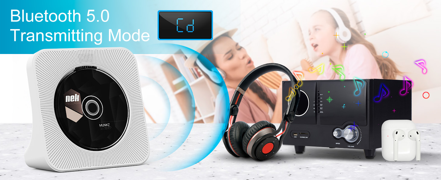 Bluetooth 5.0 audio device with LED display showing transmitting mode functionality and headphone connectivity features.