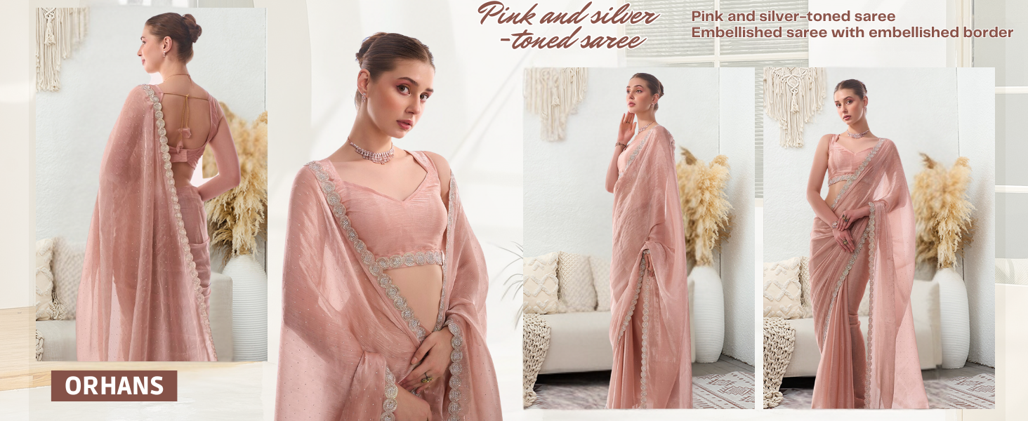 ORHANS Women&#39;s Organza Latkan Lace Work Saree With Art Silk Matching Unstitched Blouse Piece