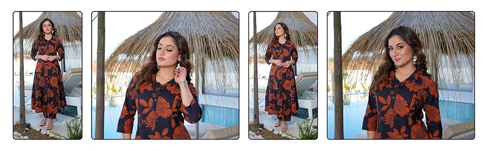Arayna Women's Pure Cotton Hand Block Printed Floral Ethnic Kurta Set with Palazzo Pants