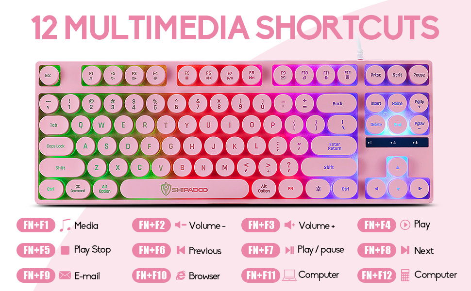 Wired Retro Punk Gaming Keyboard with Rainbow Backlit, 87