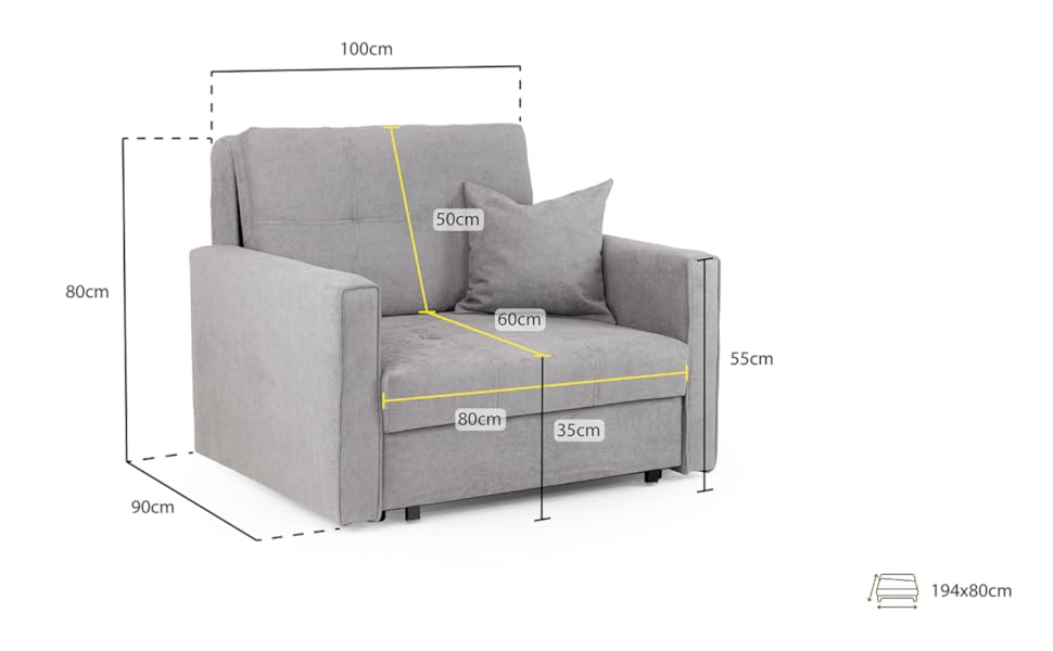 Honeypot - Viva - Small Pull Out Single Sofa Bed - Convertible Sleeper Foldable Lounger Armchair - Fabric (Armchair Sofabed, Grey) 12 sofa bed grey black corner leather velvet storage crushed chesterfield room furniture honeypot