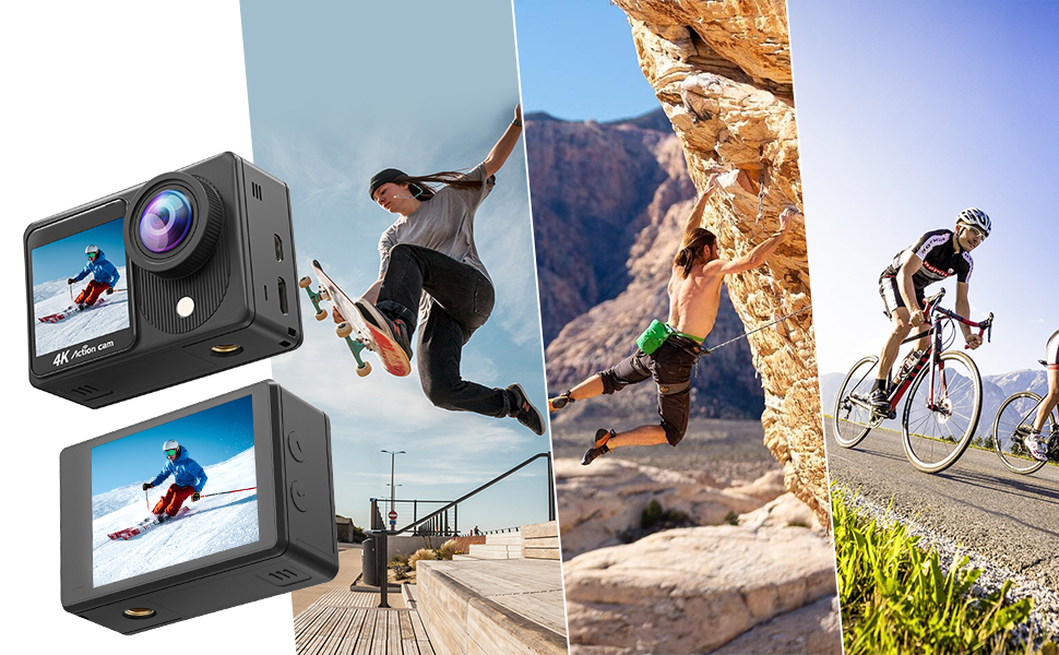 TIMNUT 4K Action Cam con Touchscreen Dual Screen Ultra HD EIS WiFi Sportiva Fotocamera