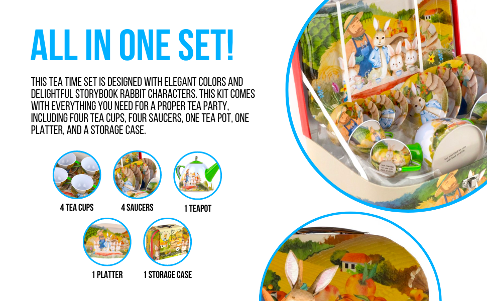 Tea set - Includes four tea cups, four saucers, one tea pot, one platter, and a storage case.