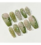 24Pcs Green Press on Nails Medium Square Nail Tips French Tip Fake Nails with 3D Designs Pearl Gl...
