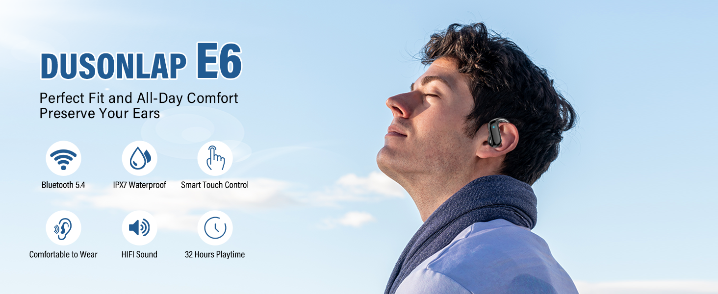 Wireless earbuds advertisement showing a person wearing the product. Features include Bluetooth connectivity, water resistance, touch control, and 32-hour playtime, emphasizing comfort and ear protection.