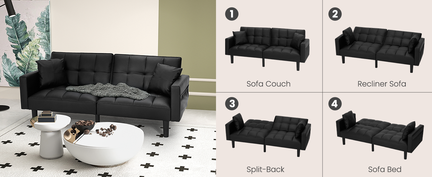ECOTOUGE Faux Leather Futon Couch, Convertible Sofa Bed with Adjustable Back, Modern Sleeper Sofa