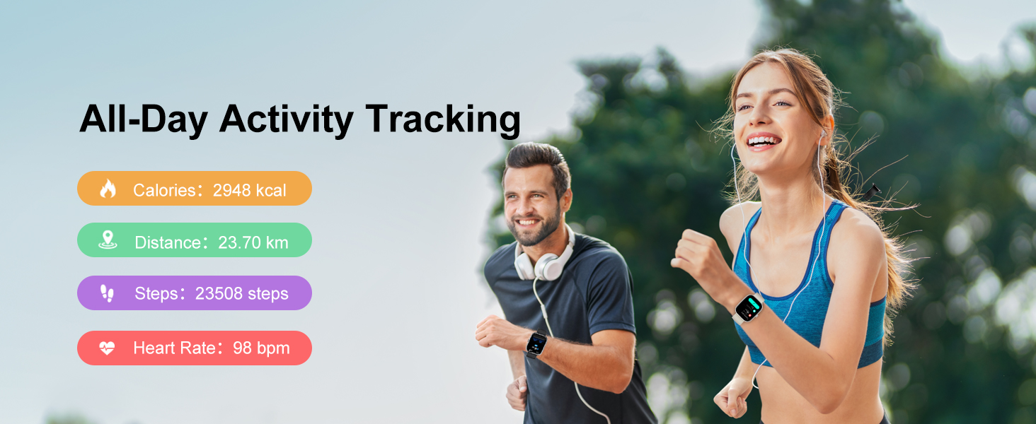 피트니스 추적 인터페이스에는 칼로리(2048kcal), 거리(23.70km), 걸음 수(23508), 심박수(88bpm)를 포함한 활동 지표가 표시됩니다.